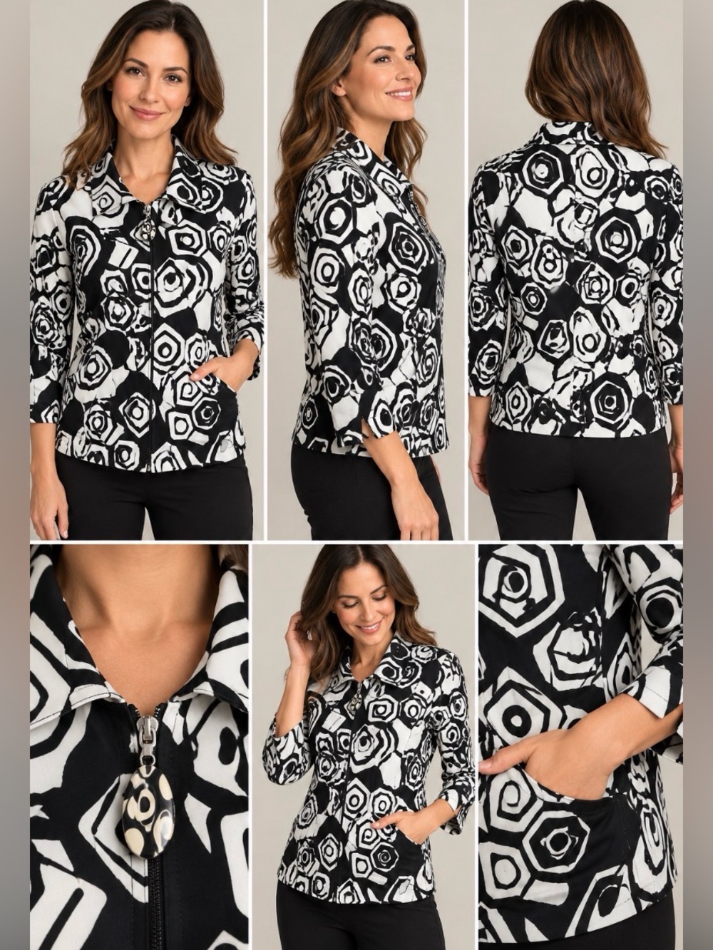 Joseph Ribkoff Black White Abstract Print Zip Jacket Women’s 12 Made Canada